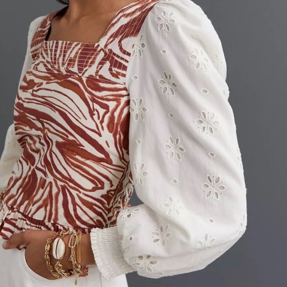 Anthropologie Love The Label Women Smocked Puff-Sleeve Blouse Size S Mixed Print